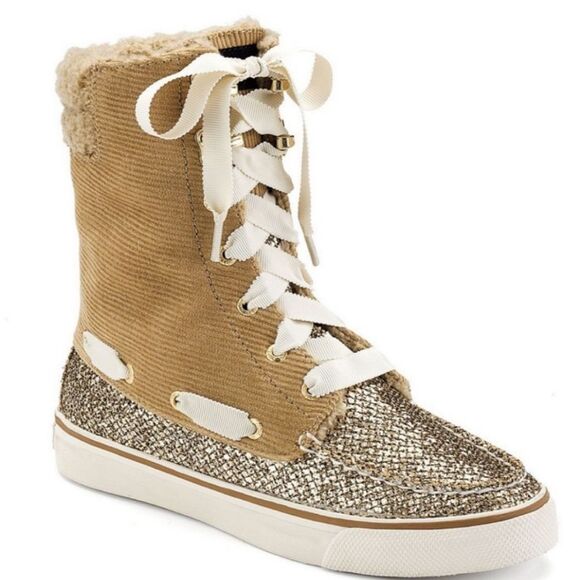 SPERRY TOP SIDER ACKLINS TAN CORDUROY/GOLD GLITTER LACE UP BOOTS  SZ 7 - Picture 1 of 8